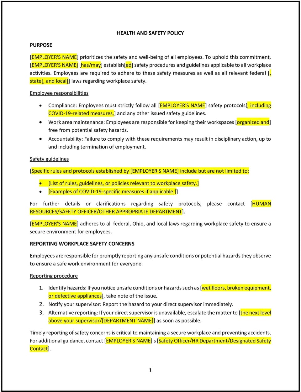 Health and safety policy (Ohio): Free template