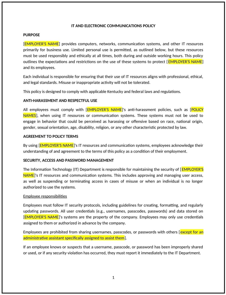 IT and electronics communication policy (Kentucky): Free template