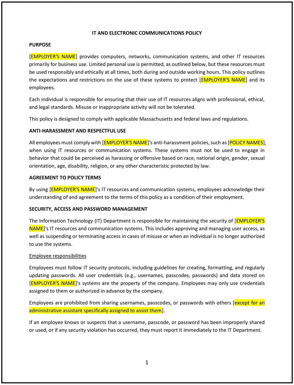 IT and electronic communications policy (Massachusetts): Free template