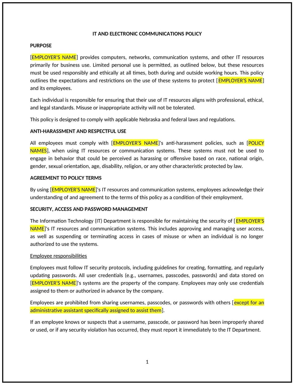 IT and electronics communications policy (Nebraska): Free template
