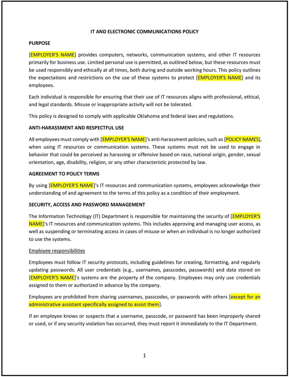 IT and electronics communications policy (Oklahoma): Free template