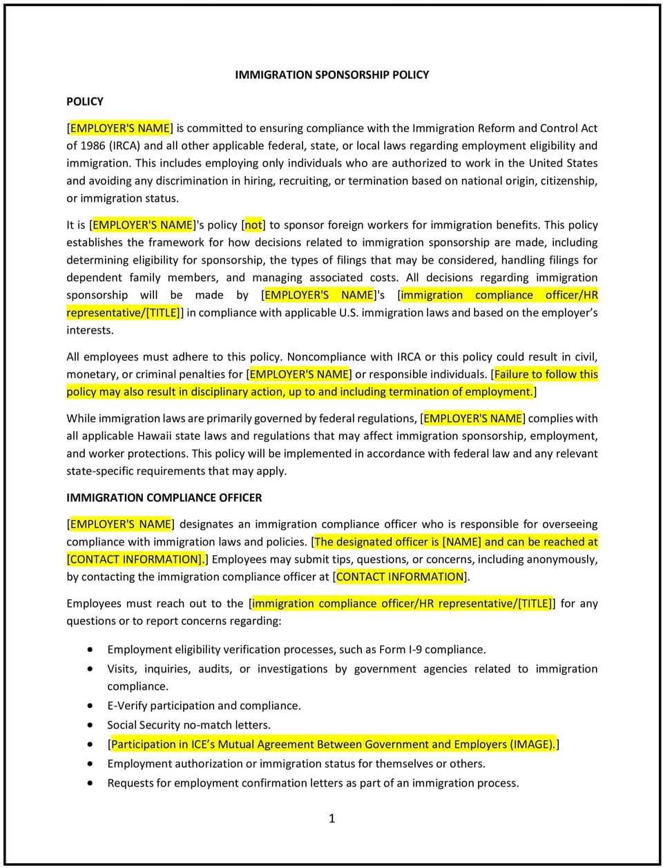 Immigration sponsorship policy (Hawaiʻi): Free template