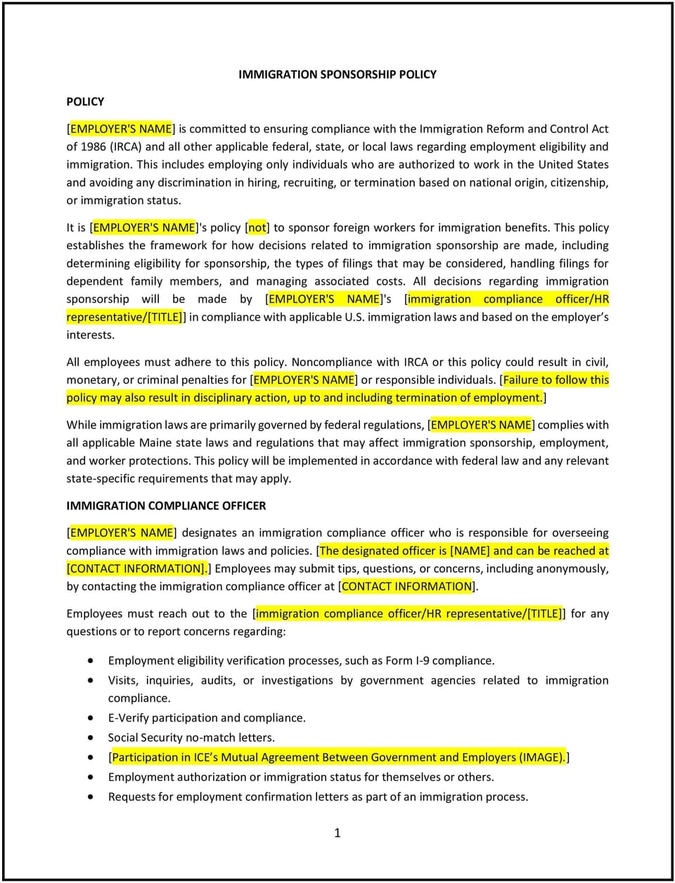 Immigration sponsorship policy (Maine): Free template