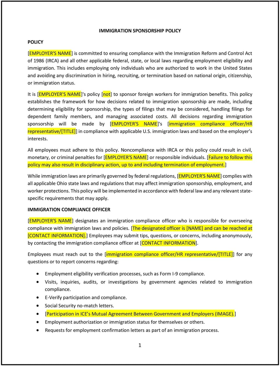 Immigration sponsorship policy (Ohio): Free template