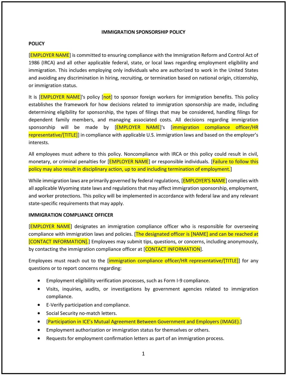 Immigration sponsorship policy (Wyoming): Free template