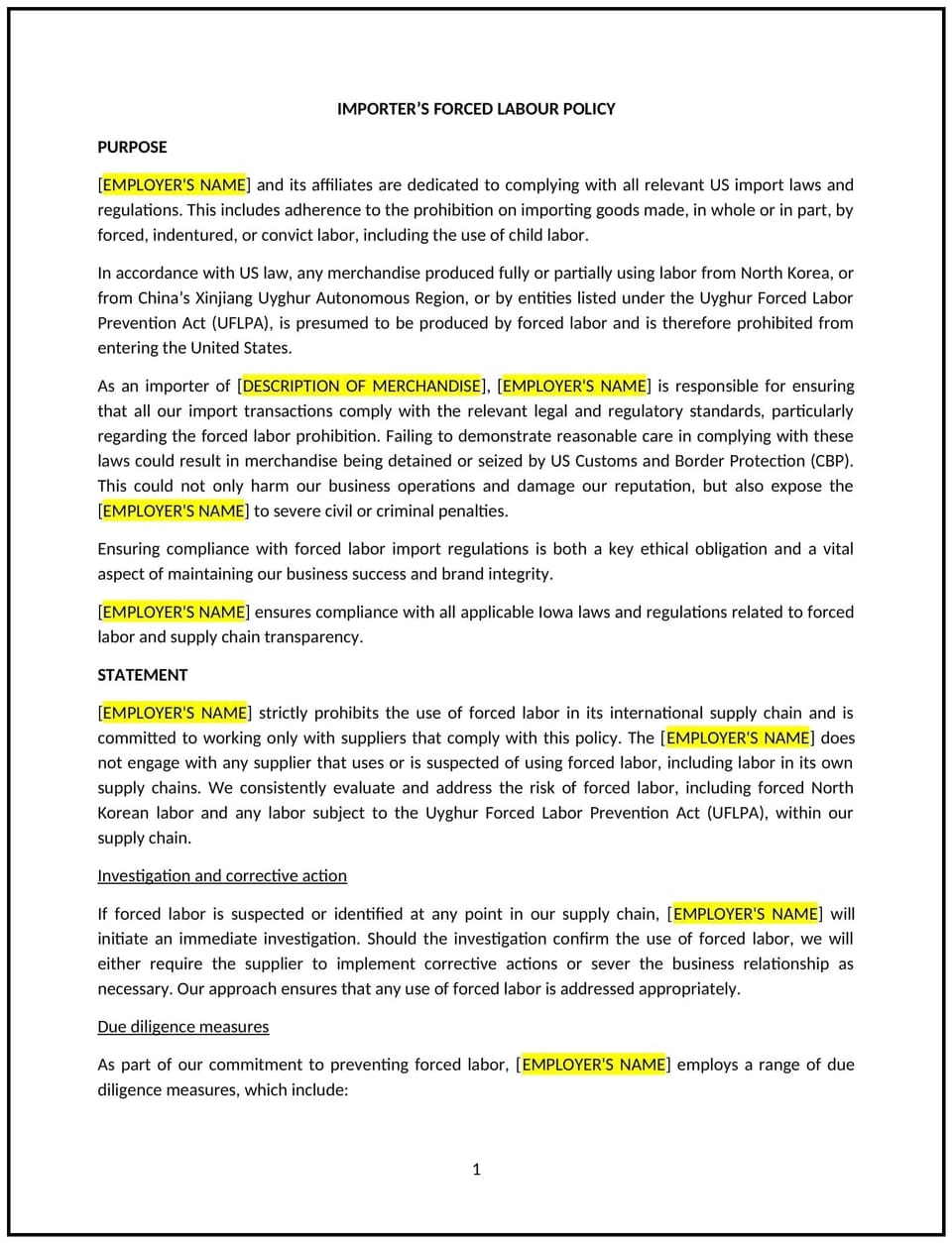 Importer’s forced labour policy (Iowa): Free template