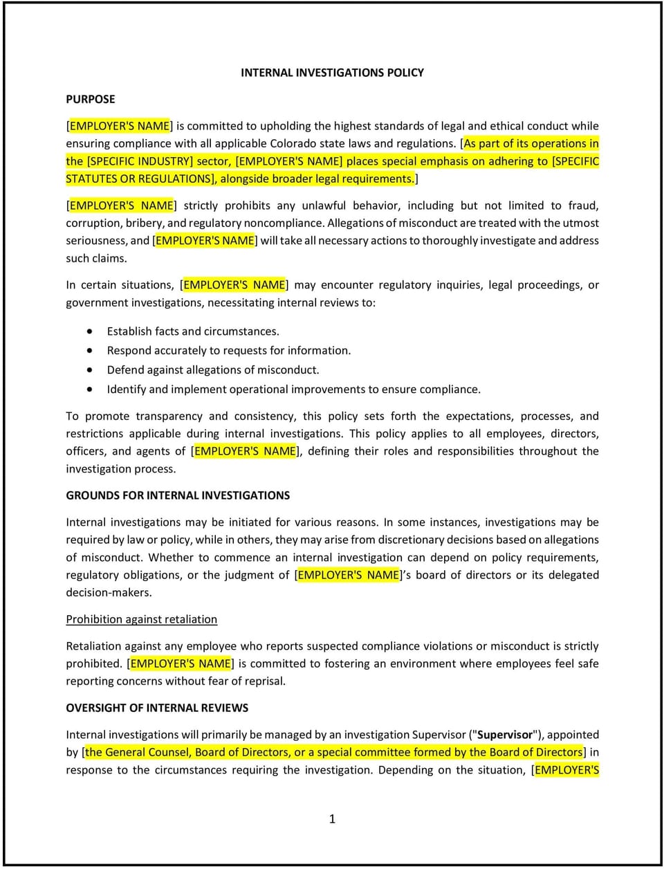 Internal investigations policy (Colorado): Free template