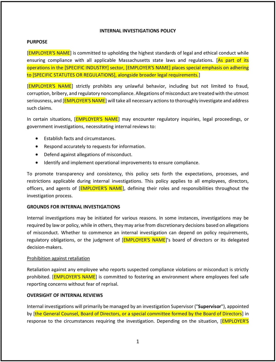 Internal investigations policy (Massachusetts): Free template