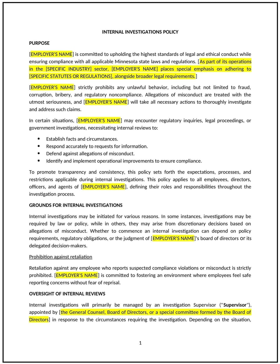 Internal investigations policy (Minnesota): Free template