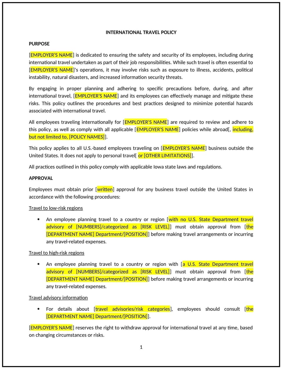 International travel policy (Iowa): Free template