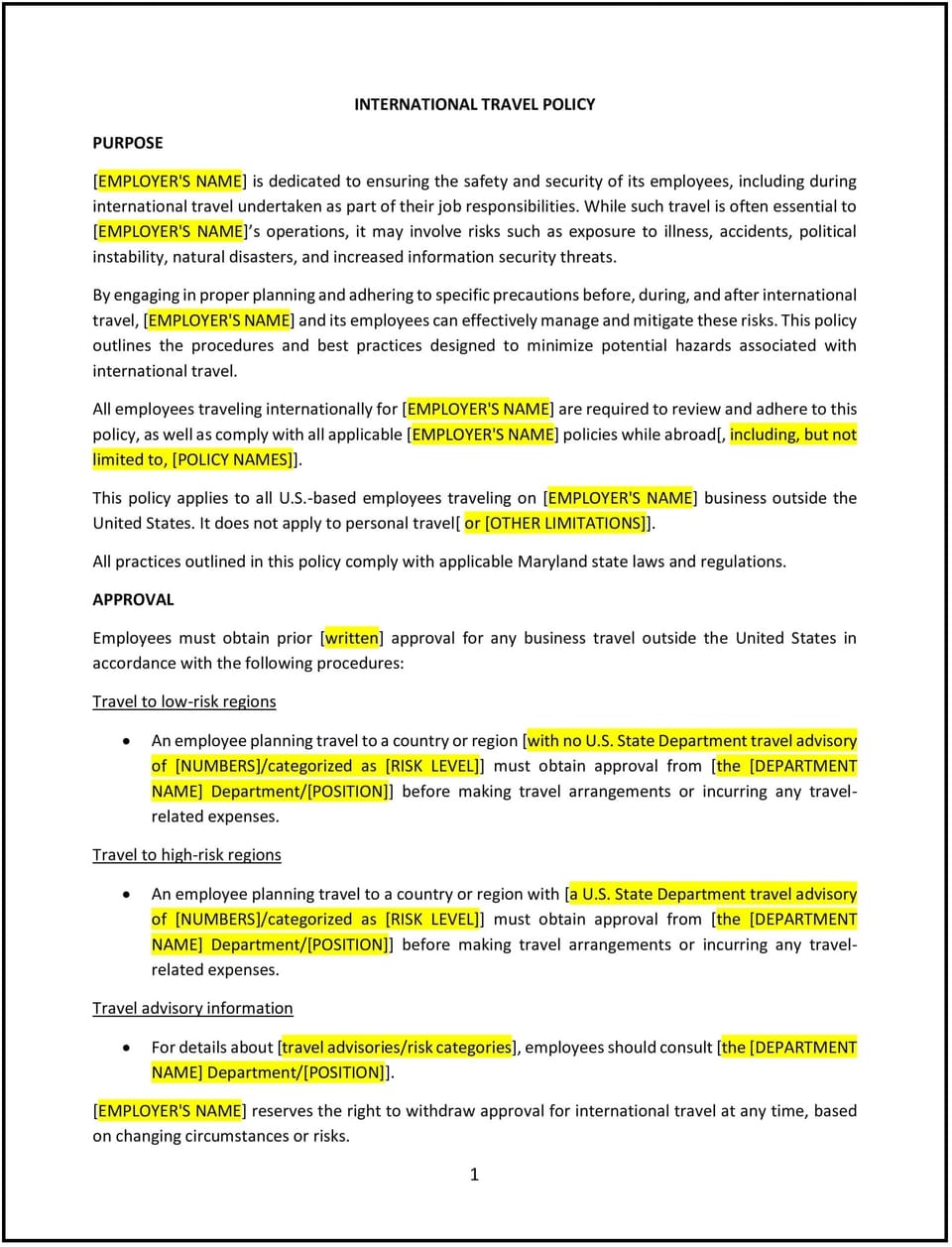 International travel policy (Maryland): Free template