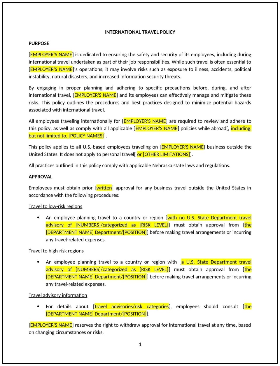 International travel policy (Nebraska): Free template