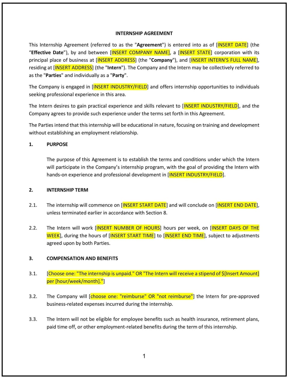 Internship Agreement (Arizona): Free template