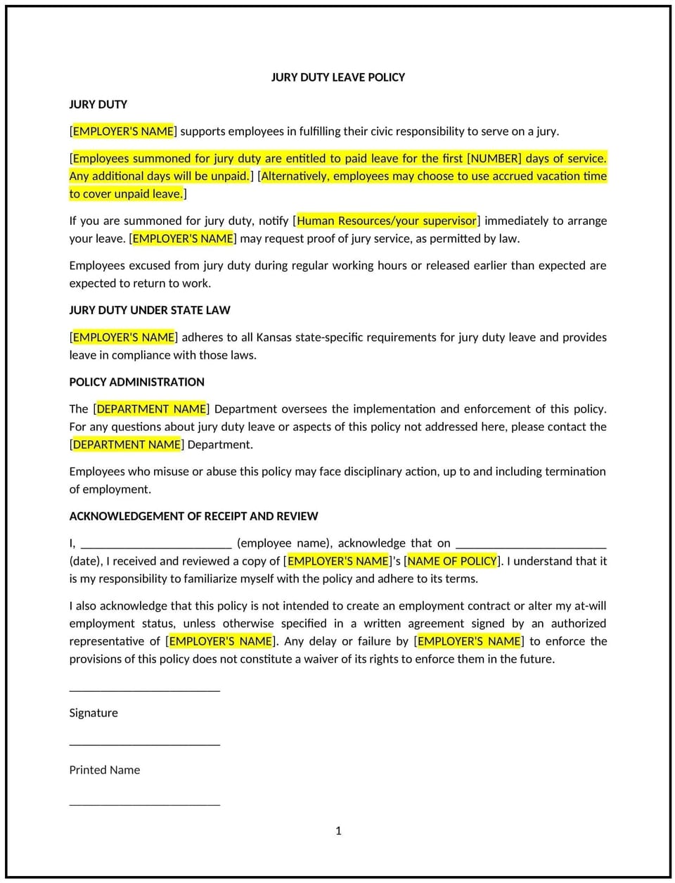 Jury duty leave policy (Kansas): Free template
