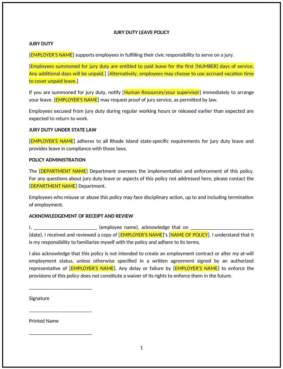 Jury duty leave policy (Rhode Island): Free template