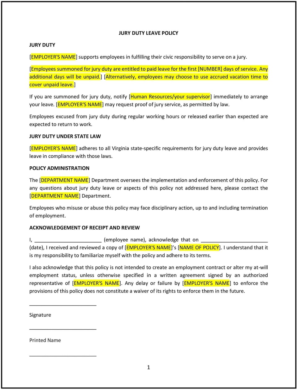 Jury duty leave policy (Virginia): Free template