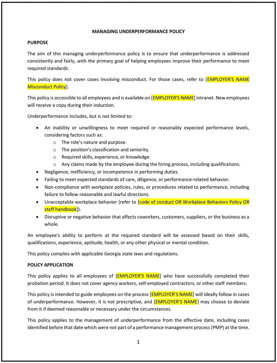 Managing underperformance policy (Georgia): Free template
