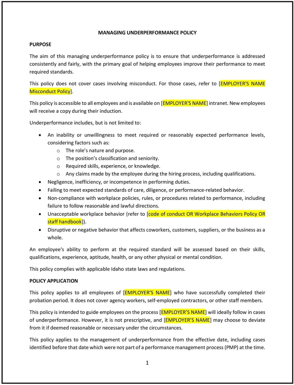 Managing underperformance policy (Idaho): Free template