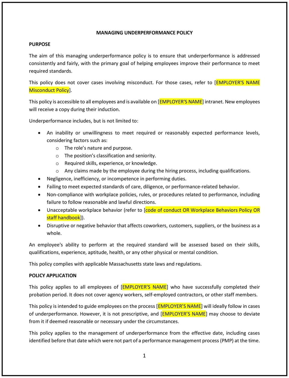 Managing underperformance policy (Massachusetts): Free template