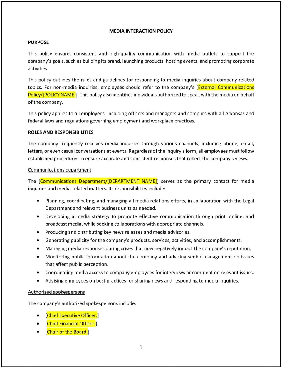 Media relations policy (Arkansas): Free template