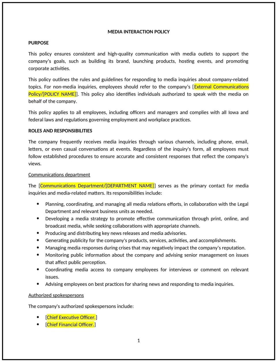 Media relations policy (Iowa): Free template