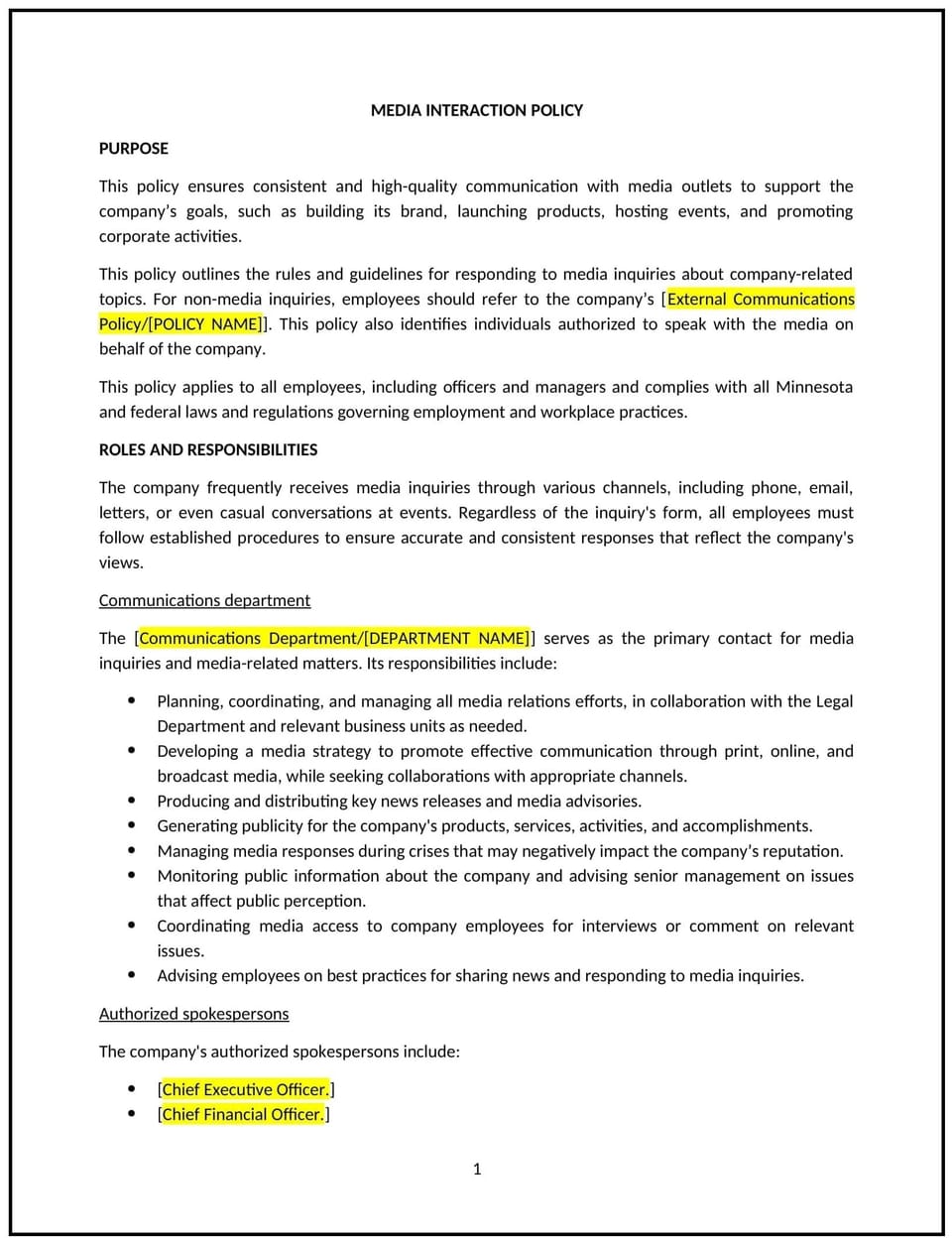 Media relations policy (Minnesota): Free template