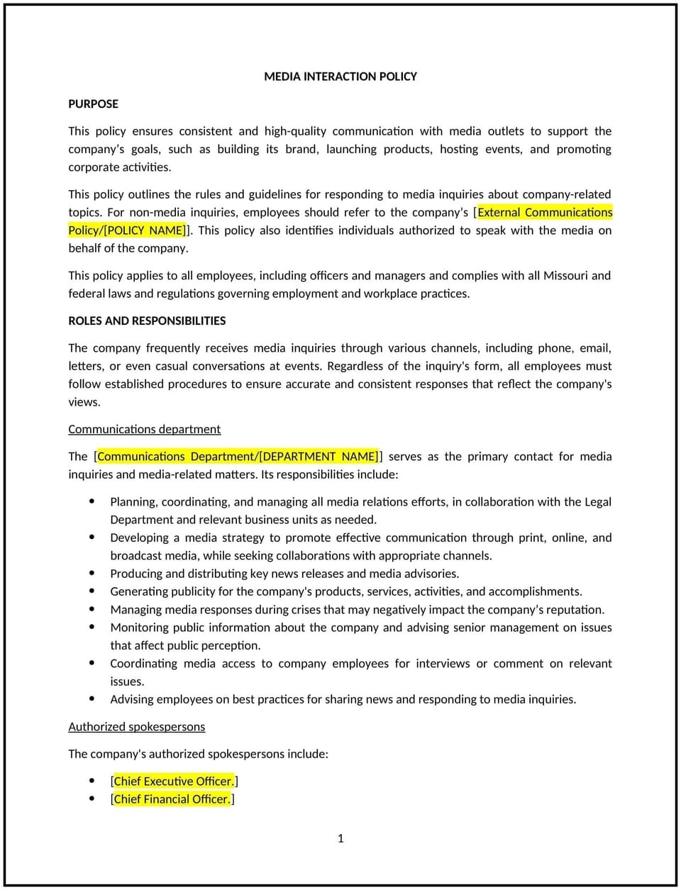Media relations policy (Missouri): Free template
