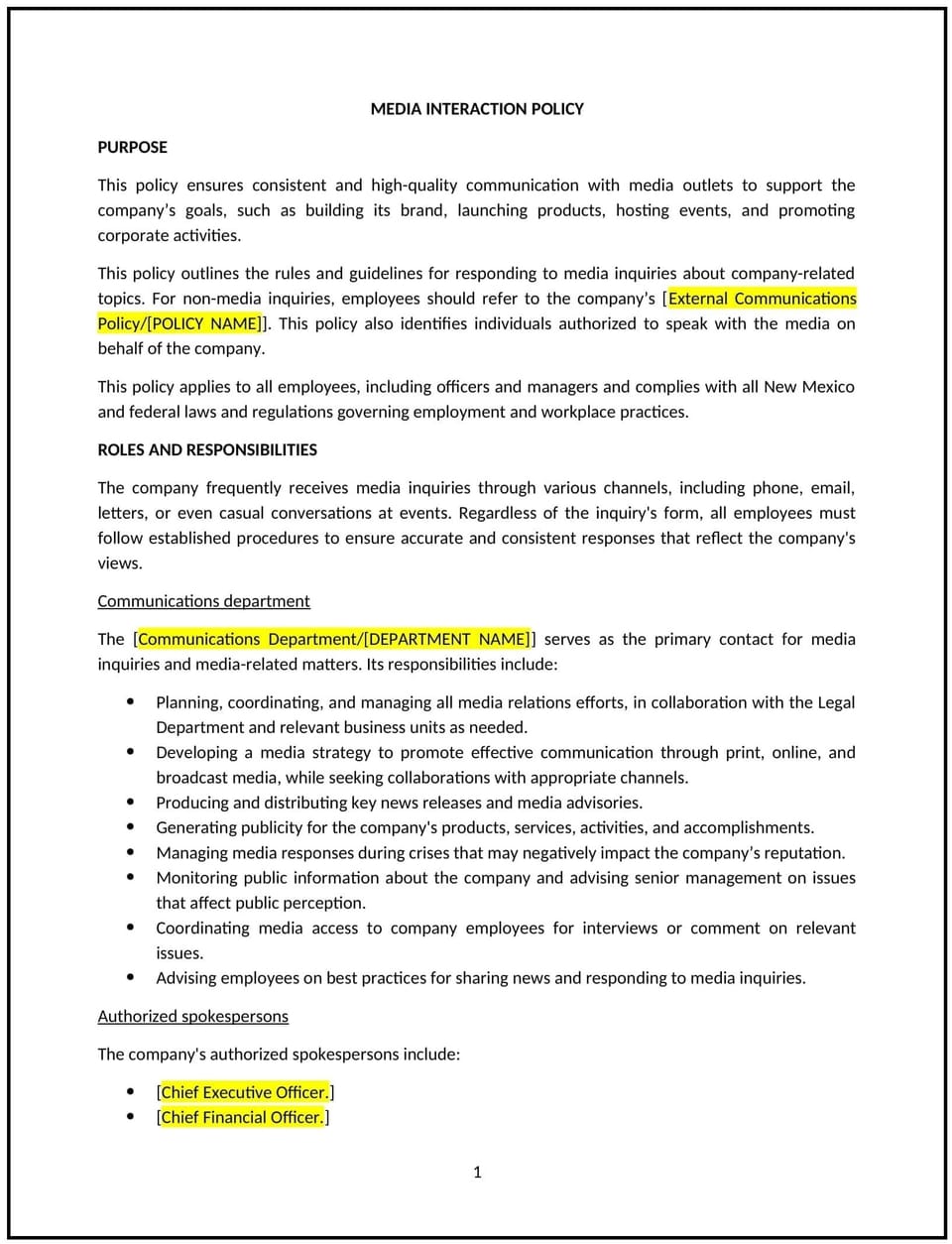 Media relations policy (New Mexico): Free template