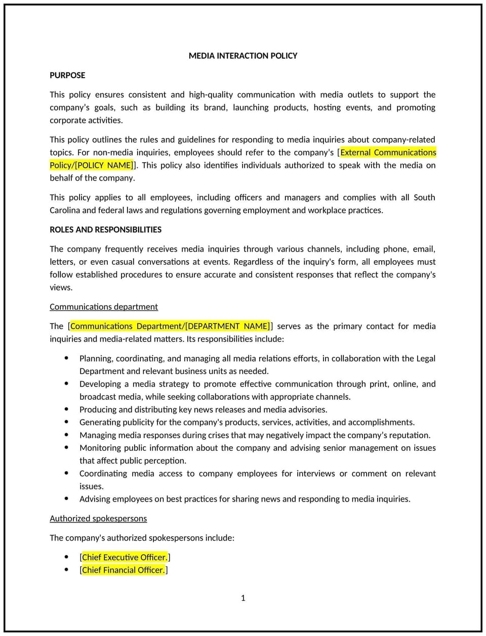 Media relations policy (South Carolina): Free template
