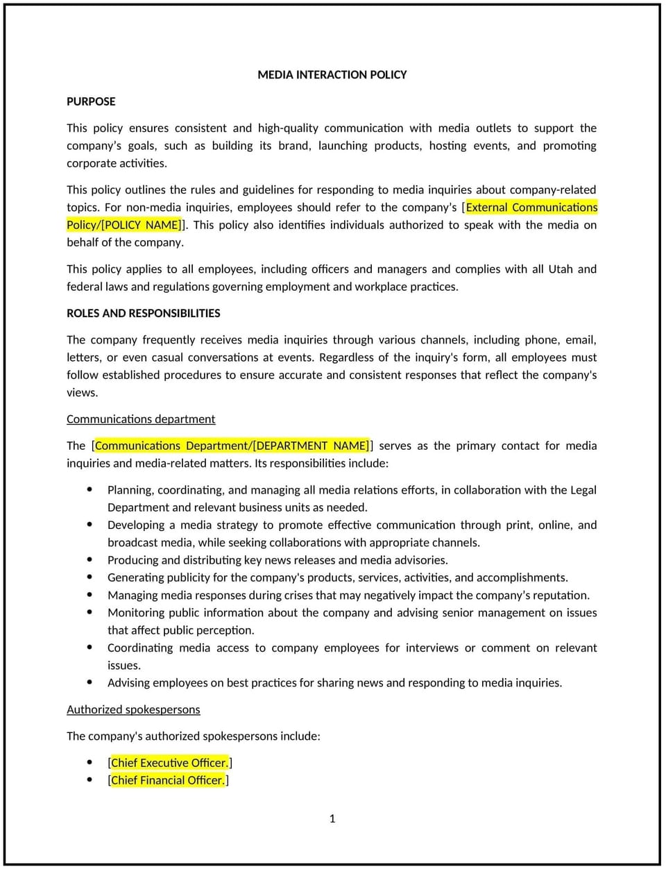 Media relations policy (Utah): Free template