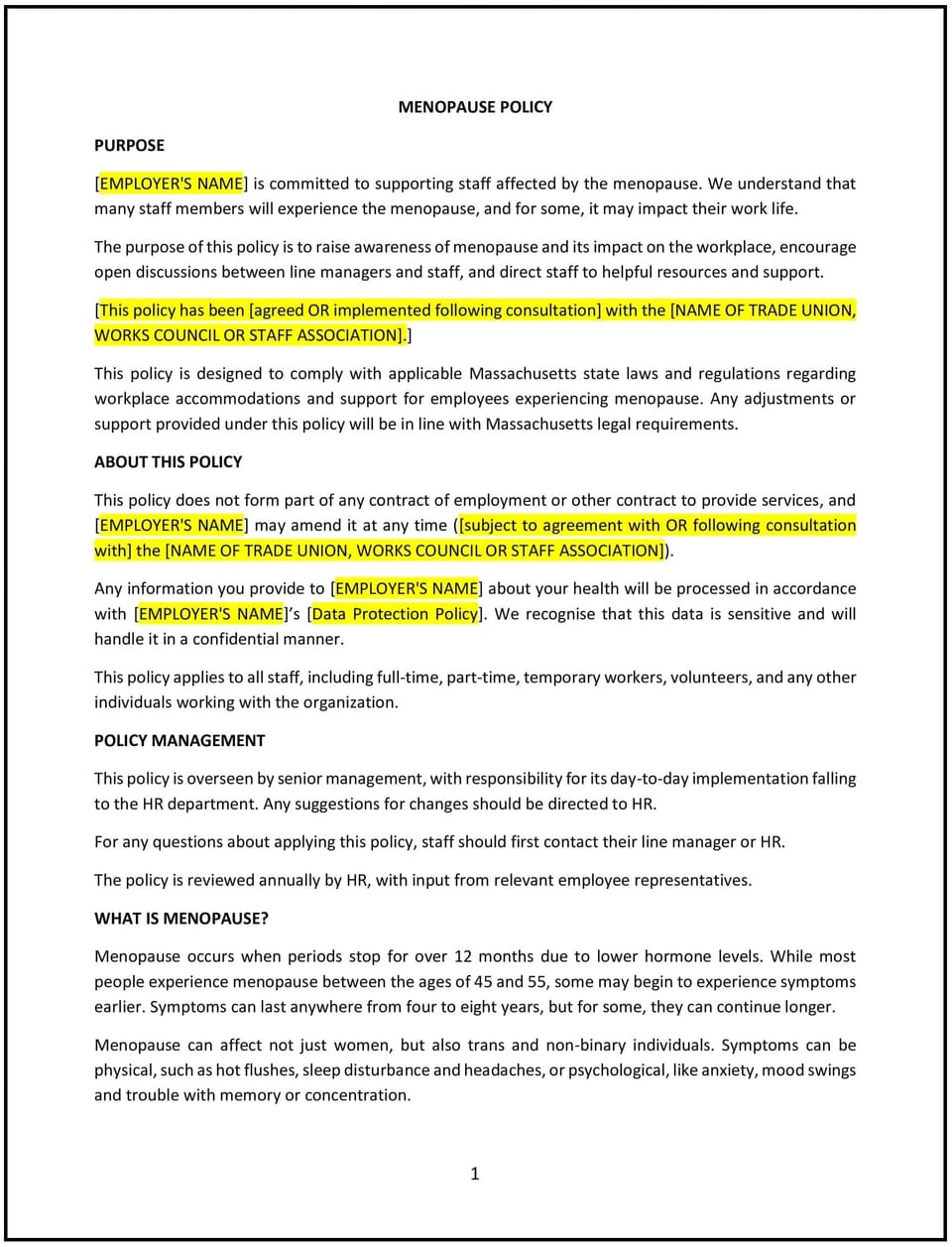 Menopause policy (Massachusetts): Free template