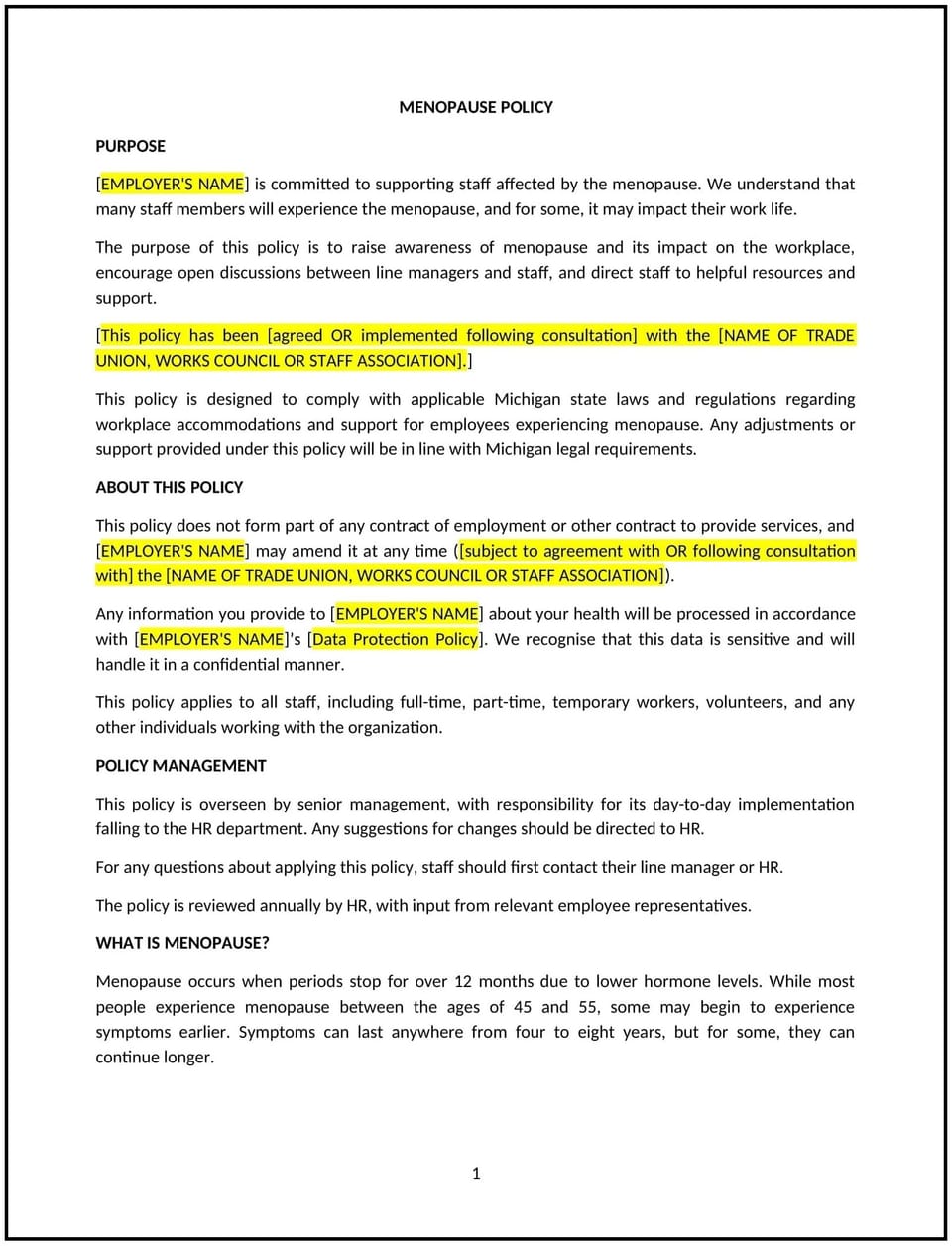 Menopause policy (Michigan): Free template