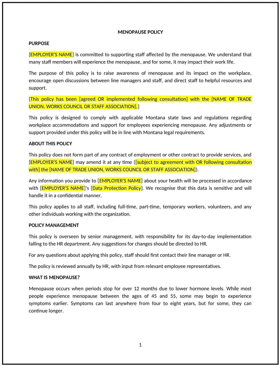 Menopause policy (Montana): Free template