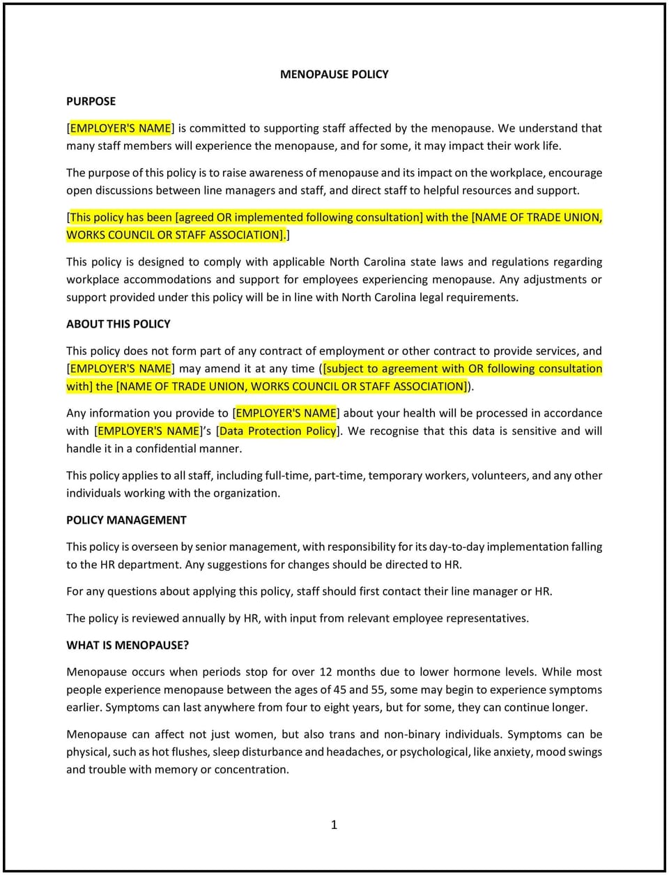 Menopause policy (North Carolina): Free template