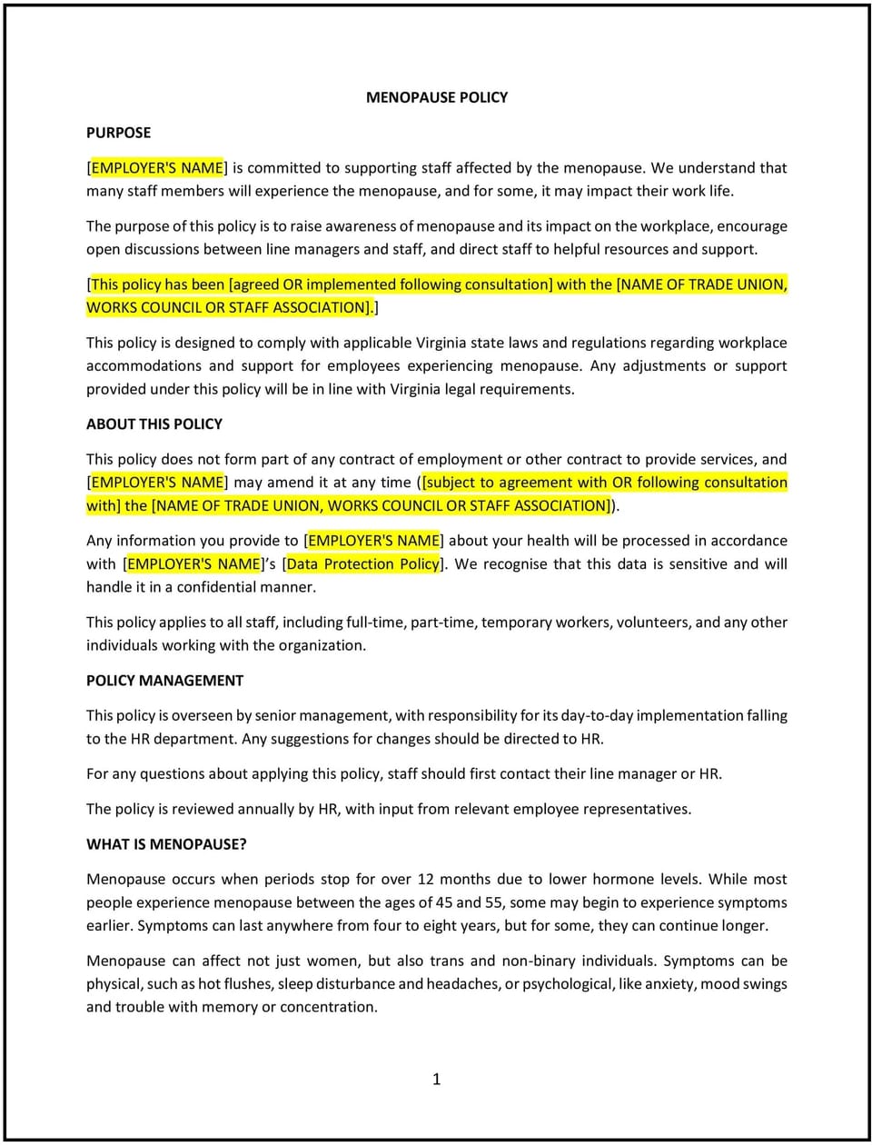 Menopause policy (Virginia): Free template