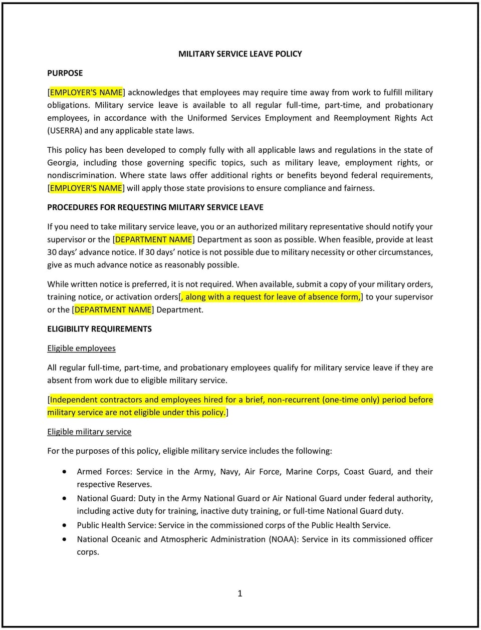 Military service leave policy (Georgia): Free template