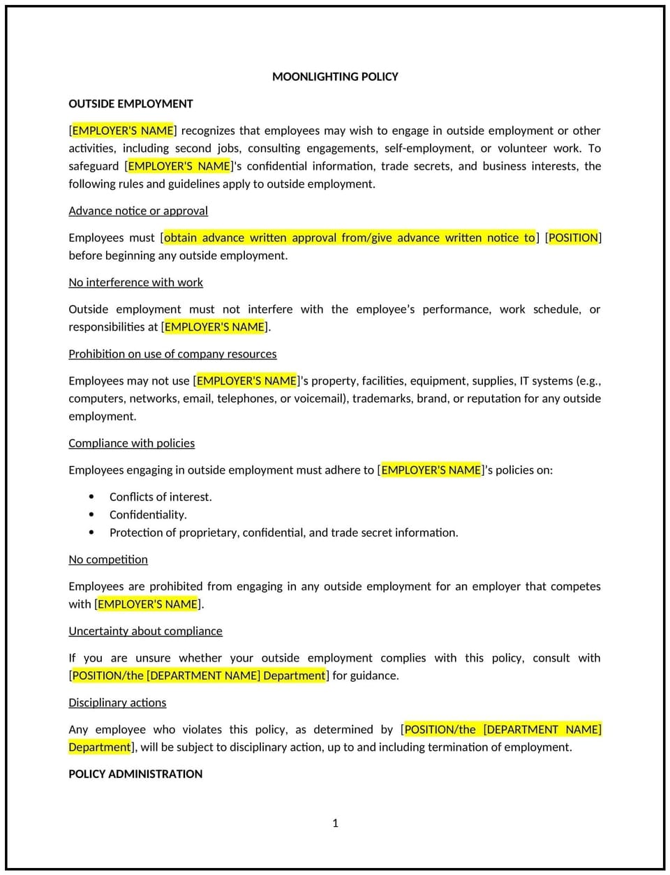 Moonlighting policy (Arizona): Free template