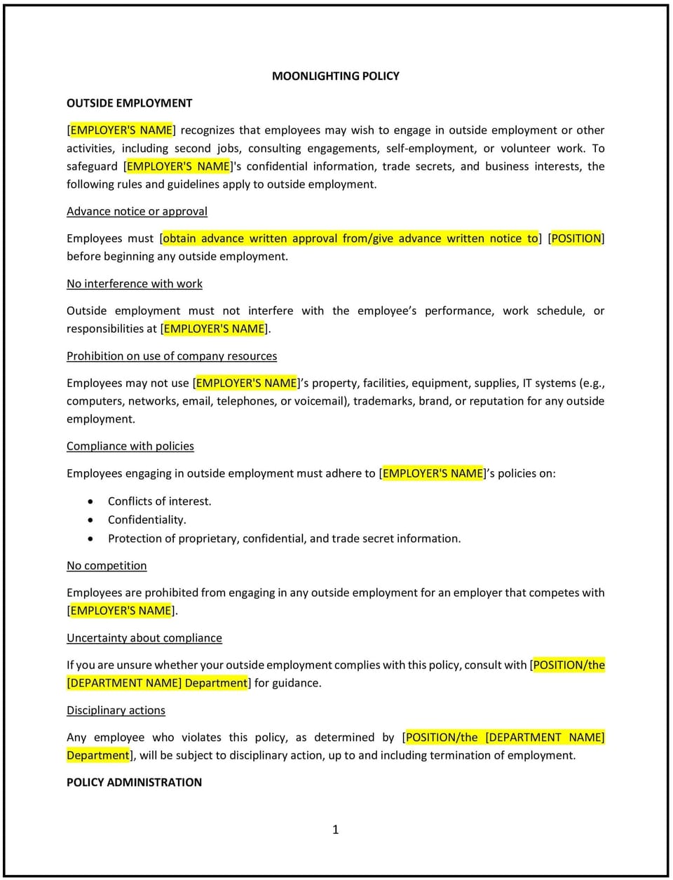 Moonlighting policy (Georgia): Free template
