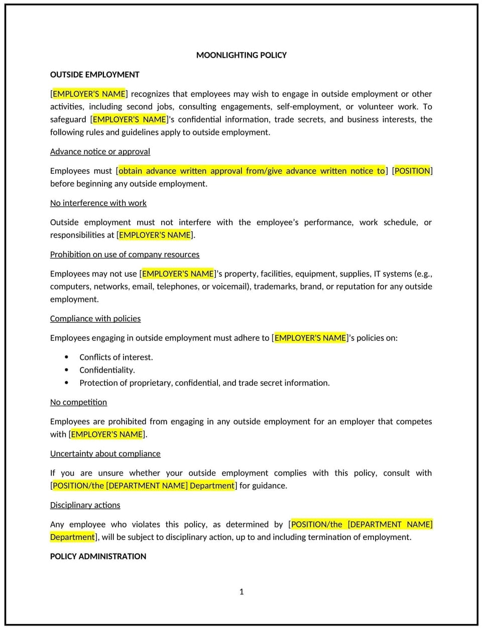 Moonlighting policy (Indiana): Free template