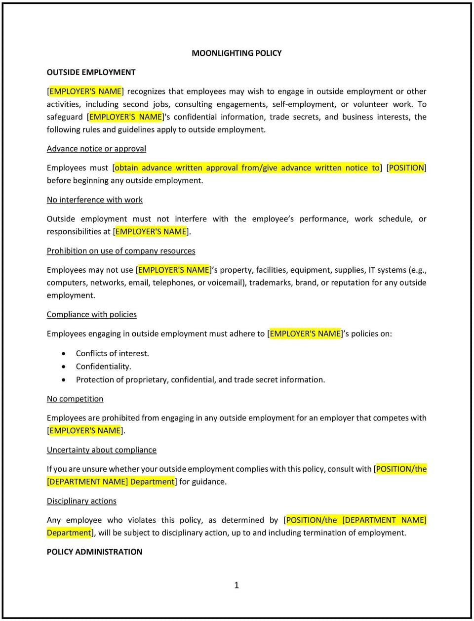 Moonlighting policy (New Jersey): Free template