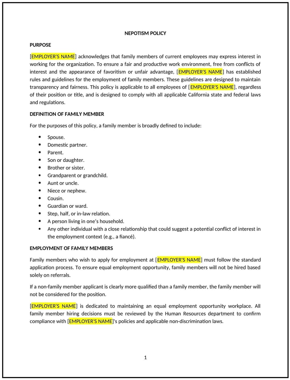 Nepotism policy (California): Free template