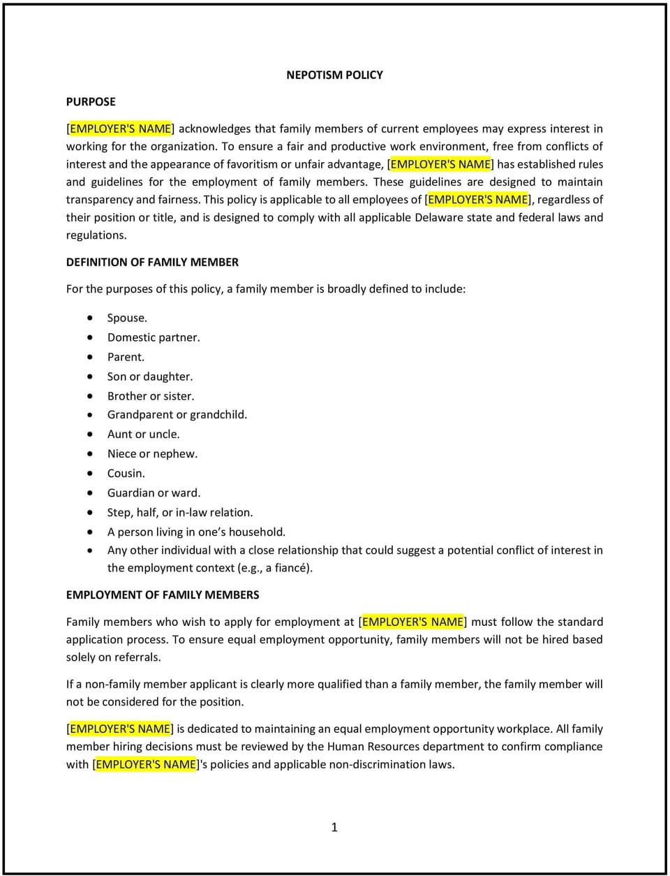 Nepotism policy (Delaware): Free template