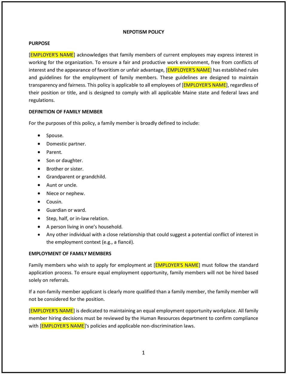 Nepotism policy (Maine): Free template