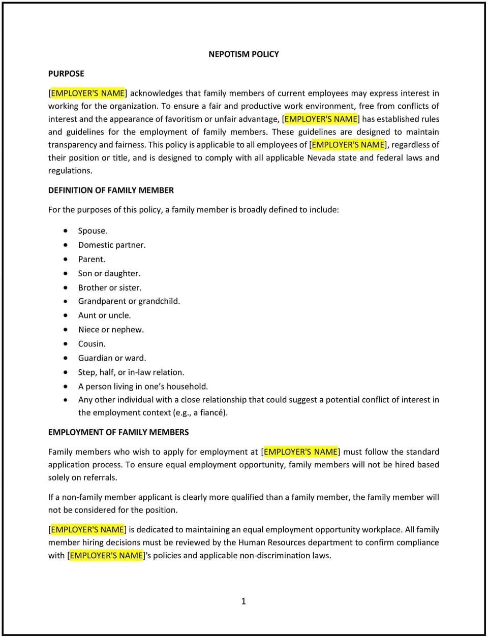 Nepotism policy (Nevada): Free template