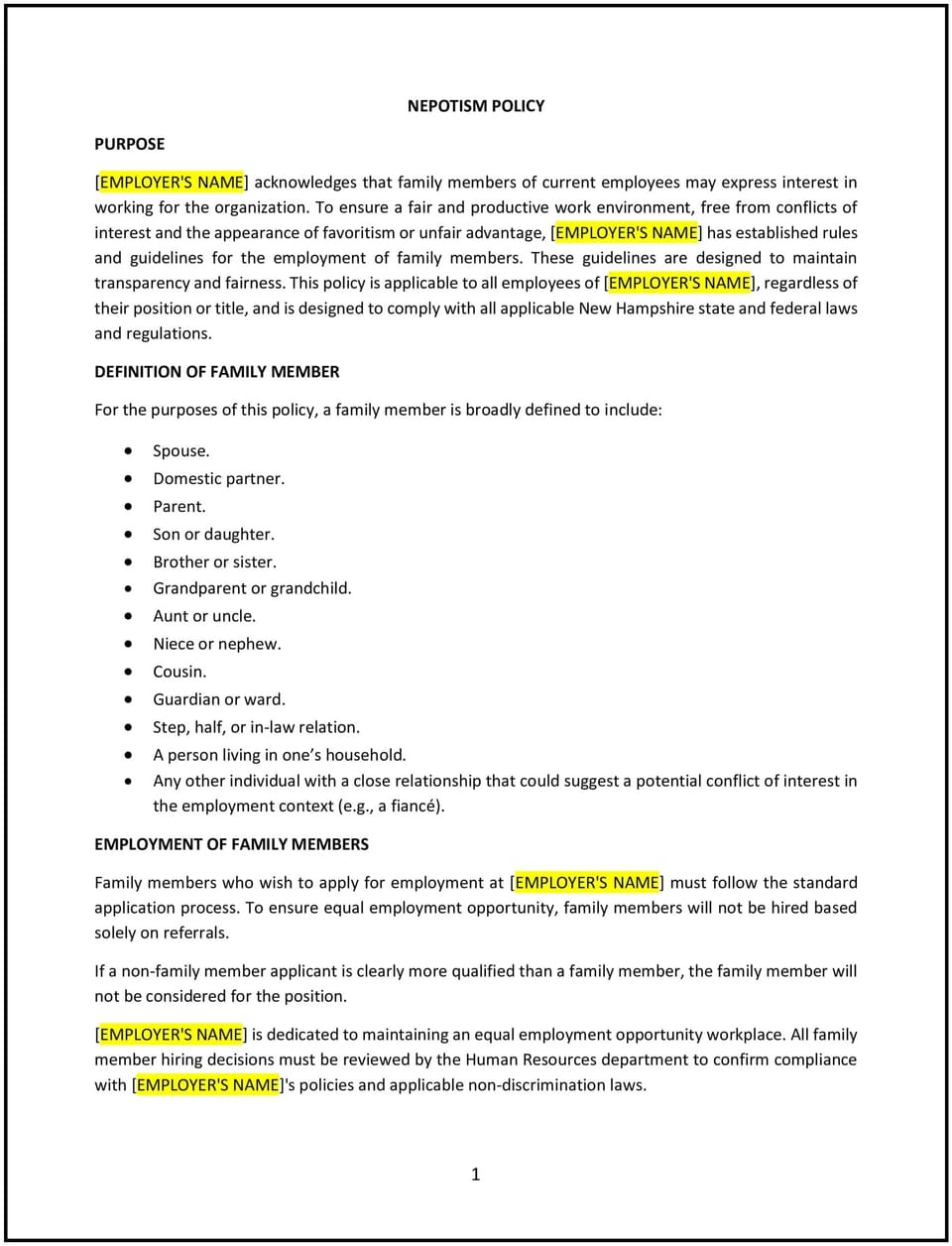 Nepotism policy (New Hampshire): Free template