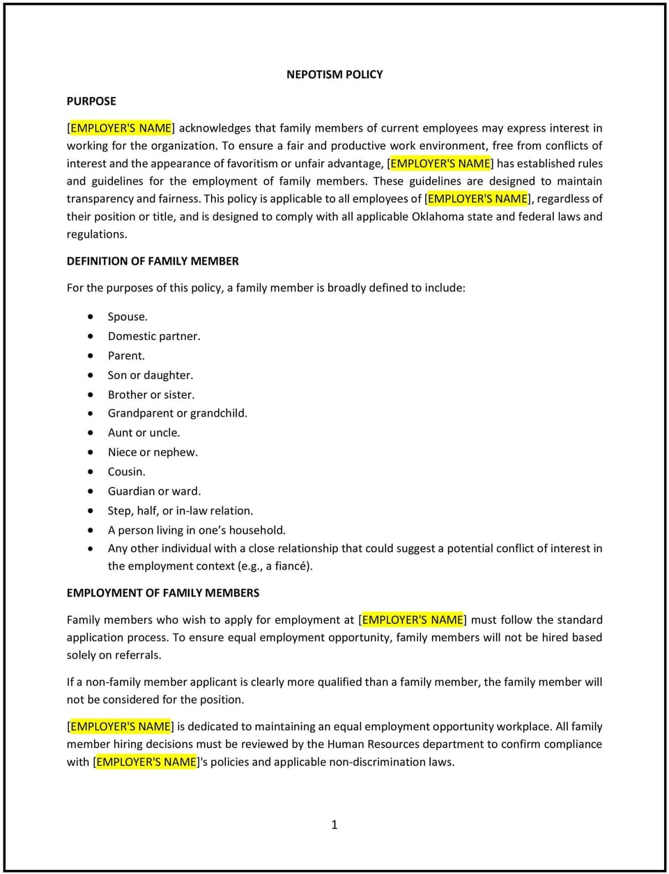 Nepotism policy (Oklahoma): Free template