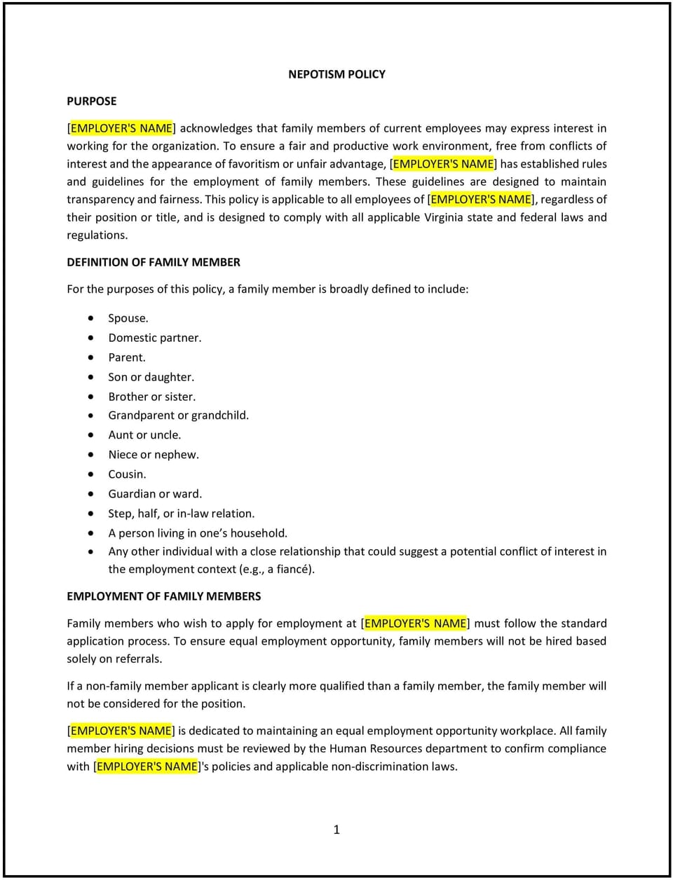 Nepotism policy (Virginia): Free template