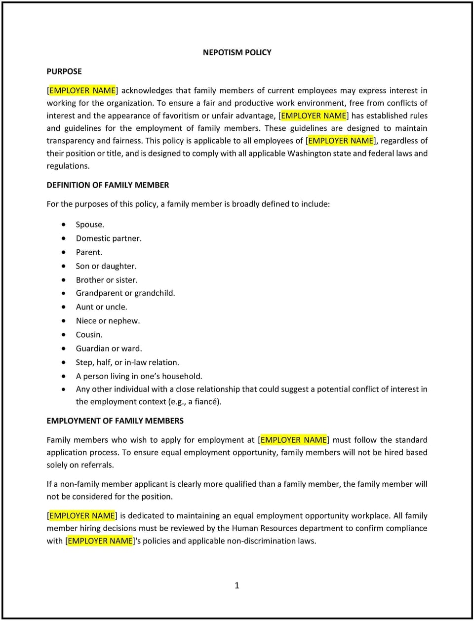Nepotism policy (Washington): Free template