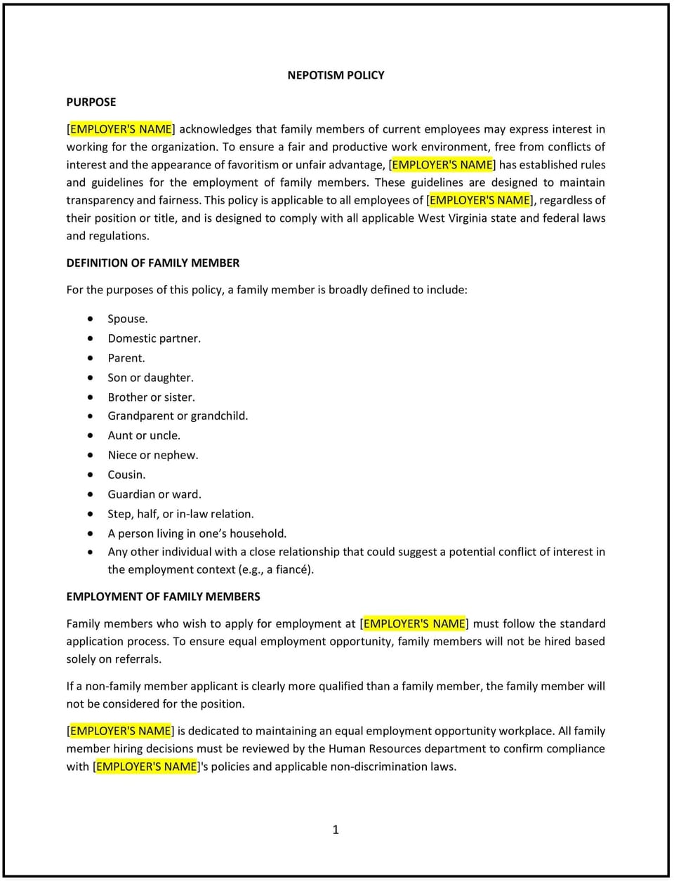 Nepotism policy (West Virginia): Free template