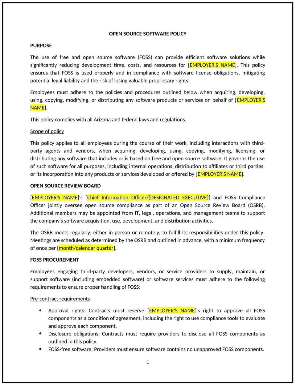 Open source software policy (Arizona): Free template